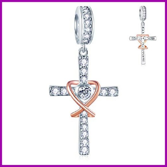 925 Sterling Silver Cross Charm with Cubic Zirconia for Bracelet or Necklace - Picture 2 of 8